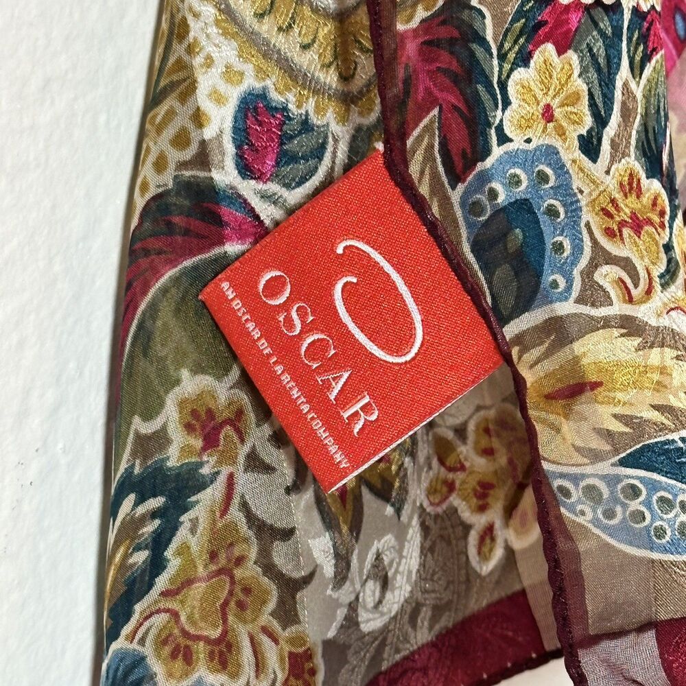 Oscar De La Renta Vintage Silk Floral Scarf 11”X 52” Burgundy, Gold, Bright Pink - Picture 10 of 11